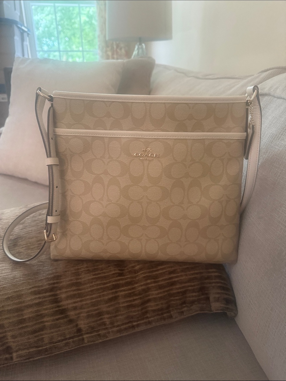 Coach Beige Signature Crossbody with Chalk Trim